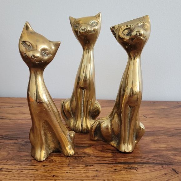 Other - Vintage Solid Brass Cat Sculptures Set Of 3 Long Necks MCM Shows Wear